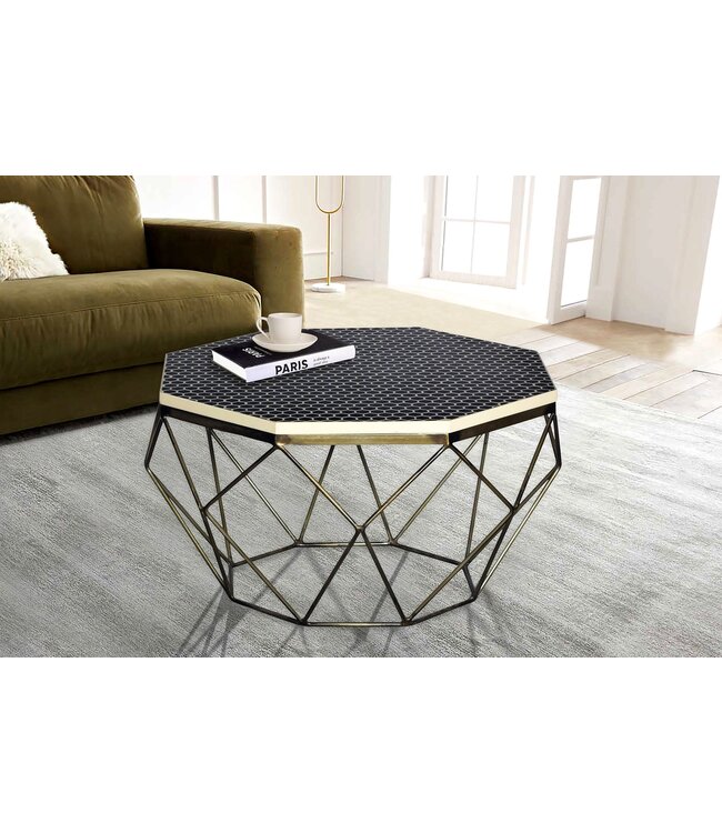 Invicta Interior Beeninleg Salontafel DIAMOND 70cm Zwart Wit Messing Inlegwerk Arts & Crafts - 45215