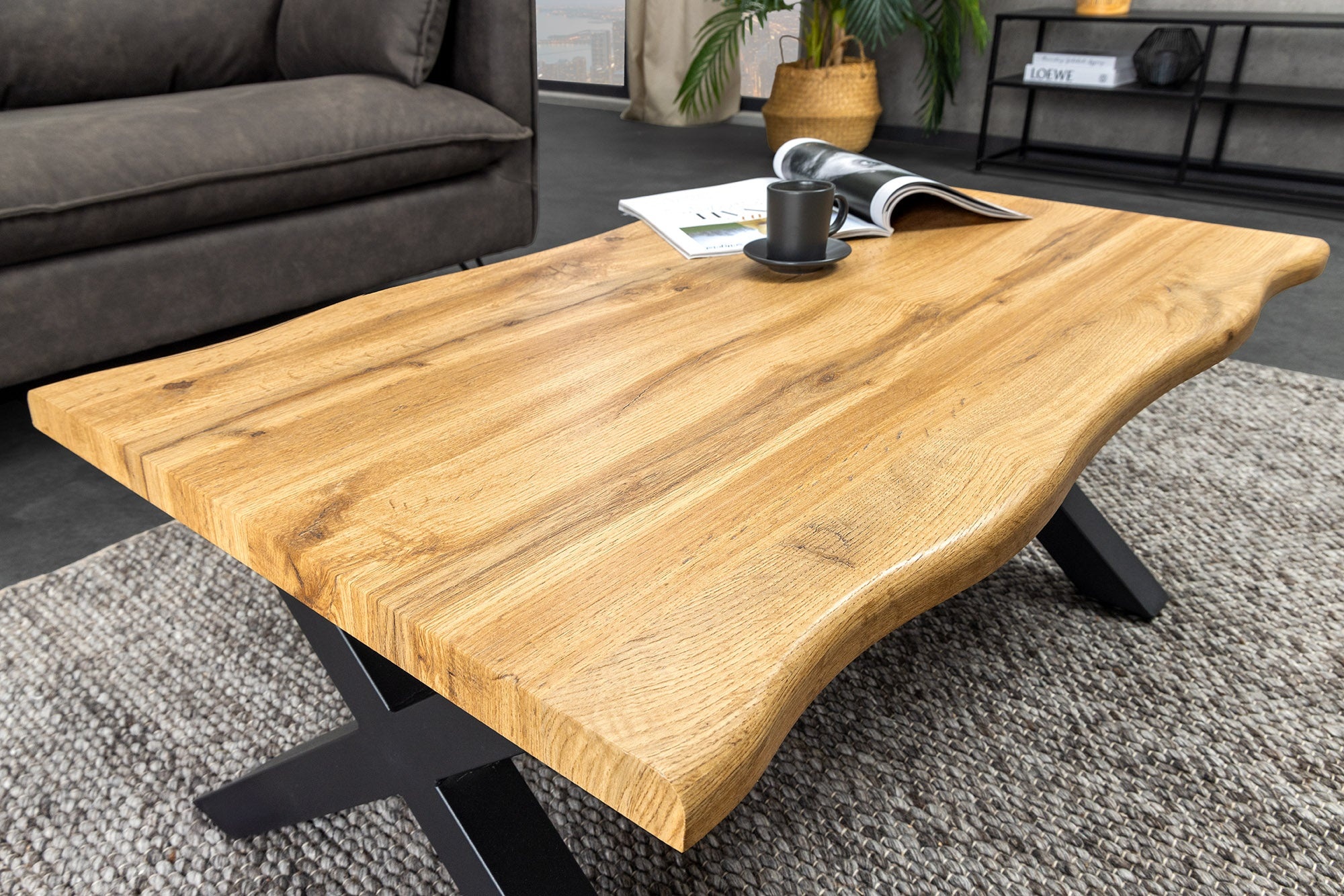 Industriële salontafel WILD 90cm bruin wild eiken look zwart metalen boomrand - 45081 afbeelding