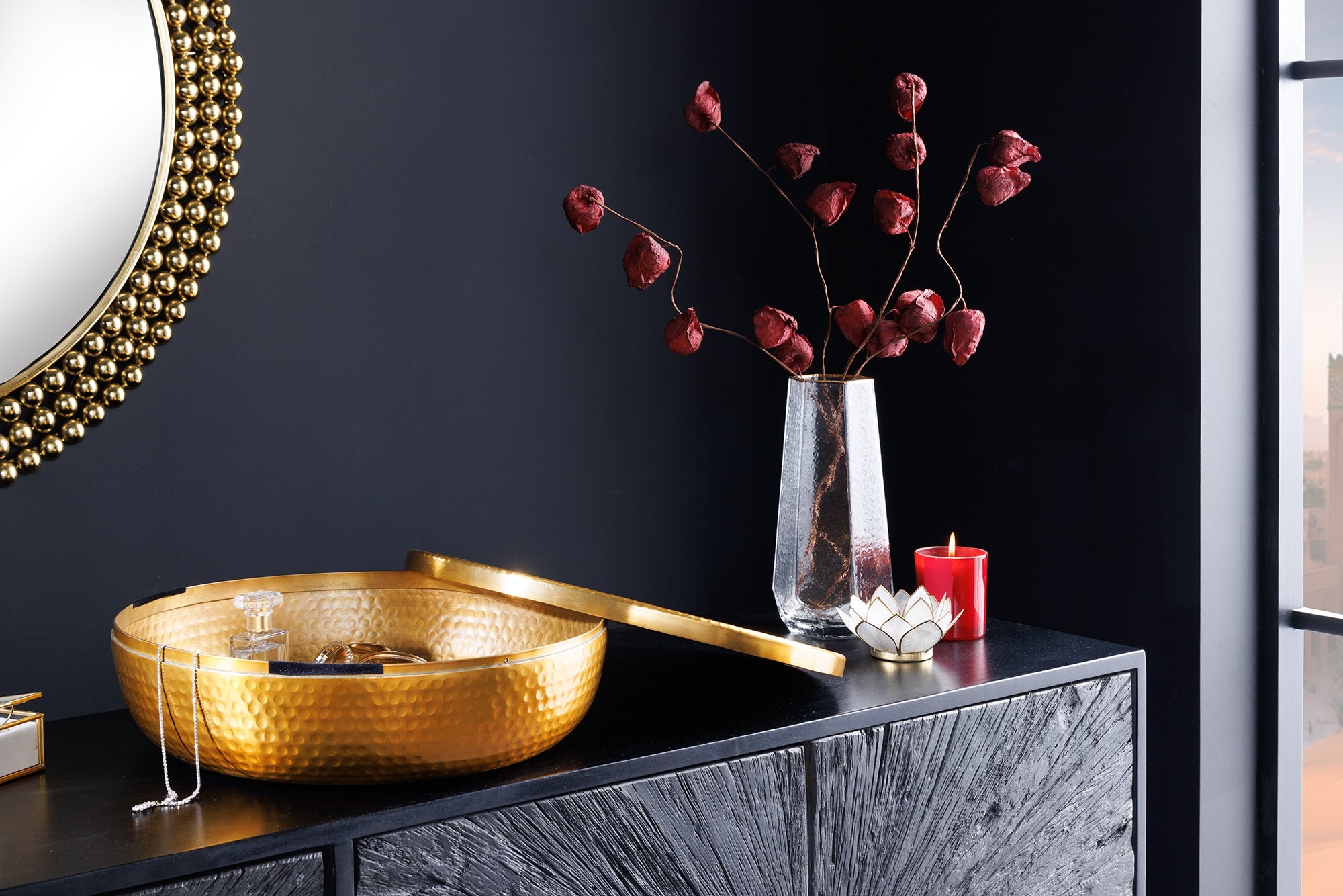 Handgemaakte schaal ORIENT 40cm goud metaal rond met deksel sieradenblik - 44473 afbeelding
