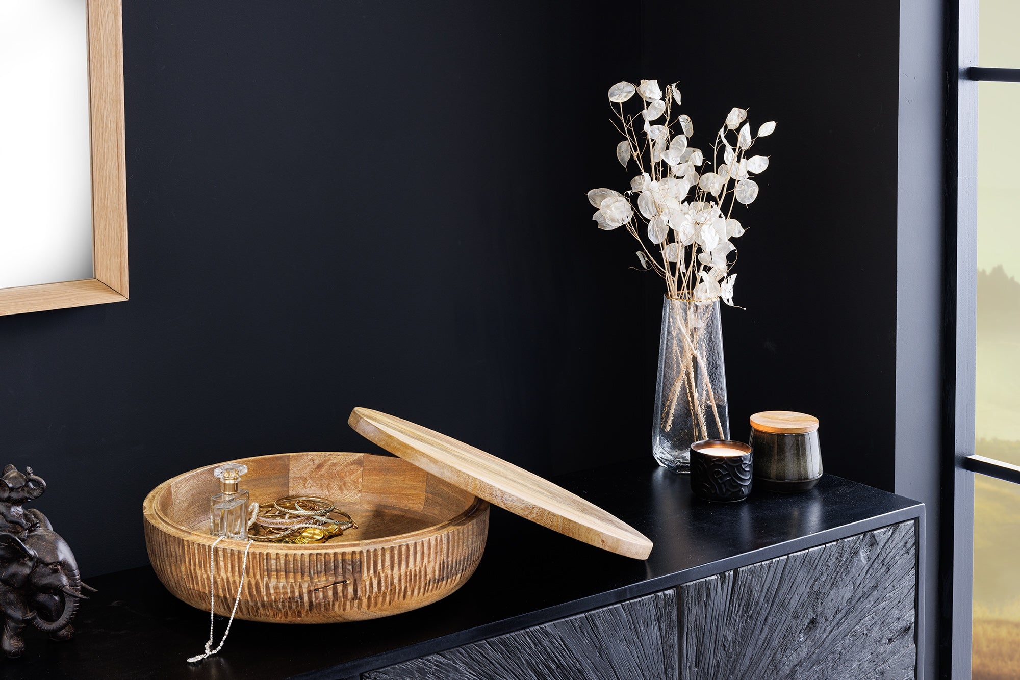 Handgemaakte Kom PUUR NATUUR 40cm Natuurlijk Mango Hout Rond met Deksel Sieradenblik - 44472 afbeelding