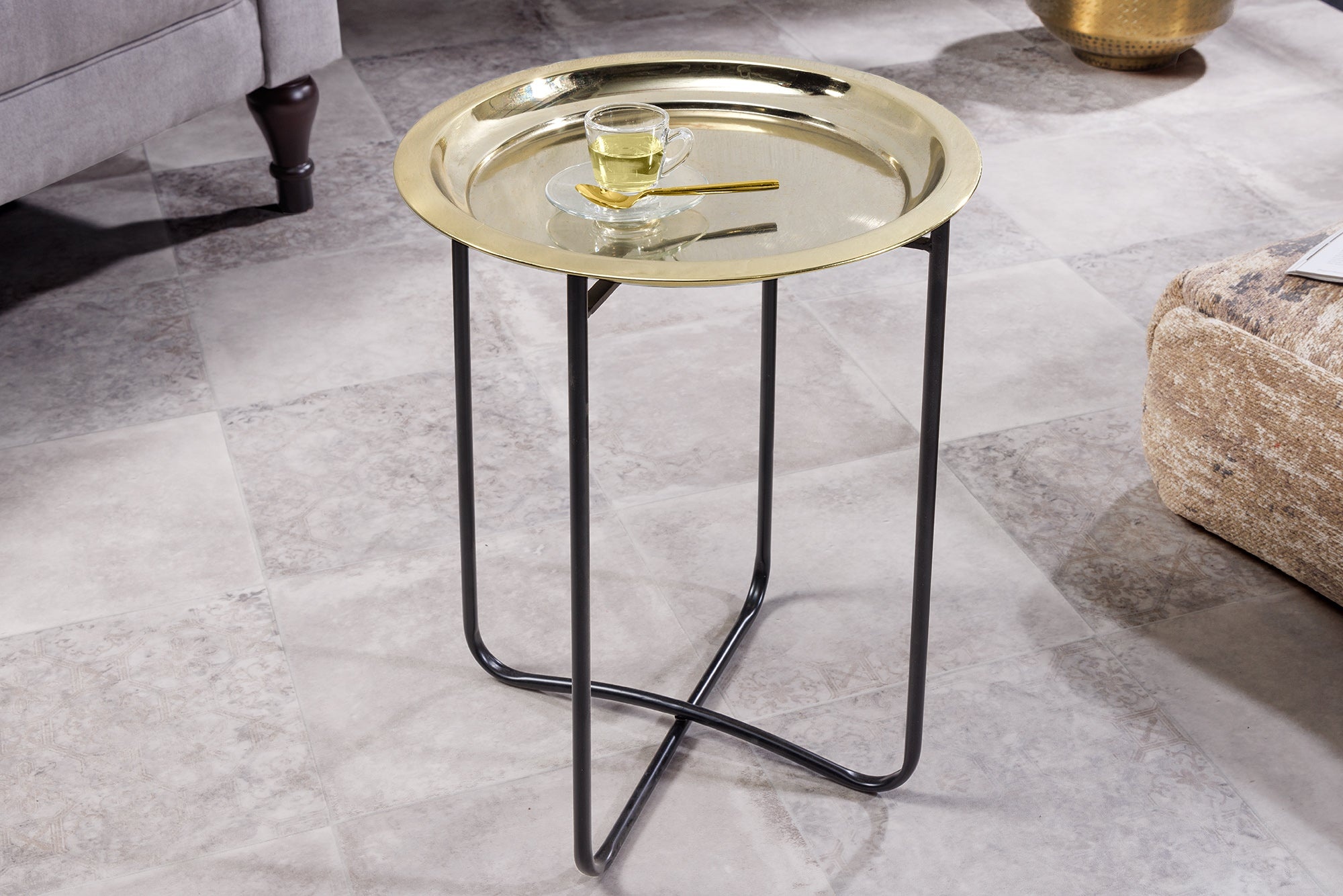 Ronde bijzettafel CASABLANCA 50cm messing goud zwart dienblad uitneembaar opvouwbaar - 44353 afbeelding