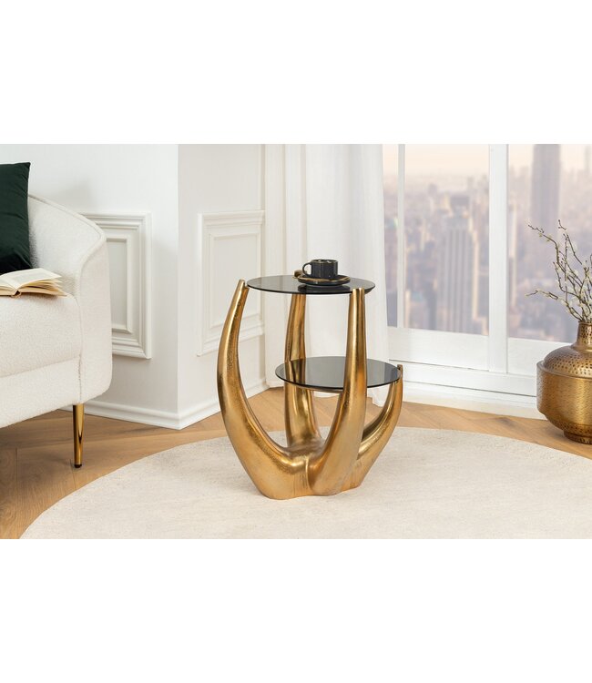 Invicta Interior Handgemaakte bijzettafel LEVELS 50cm goud antiek zwart glas zwart metaal - 44858