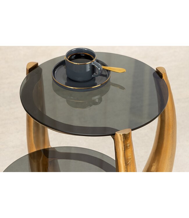 Invicta Interior Handgemaakte bijzettafel LEVELS 50cm goud antiek zwart glas zwart metaal - 44858