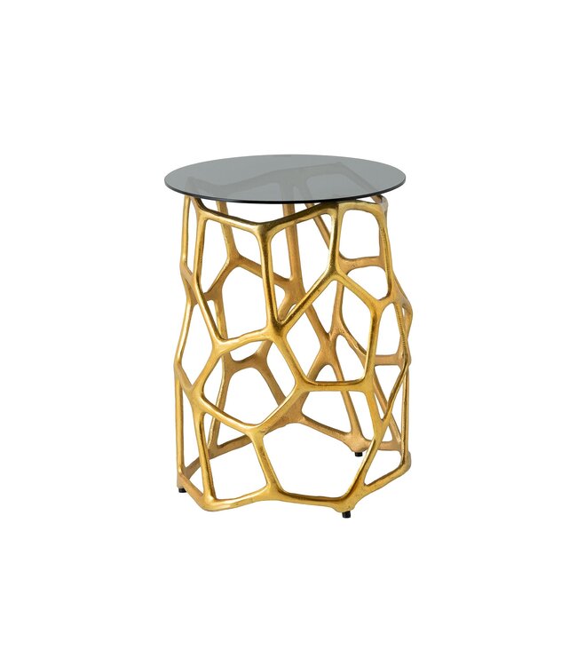 Invicta Interior Handgemaakte bijzettafel LIQUID GEOMETRY 50cm goud rond metaal zwart glas - 44857