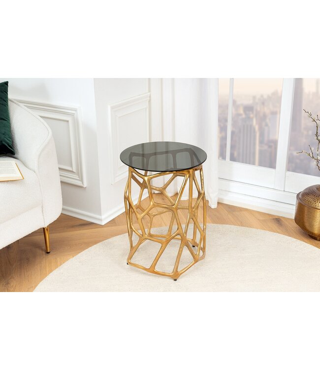 Invicta Interior Handgemaakte bijzettafel LIQUID GEOMETRY 50cm goud rond metaal zwart glas - 44857