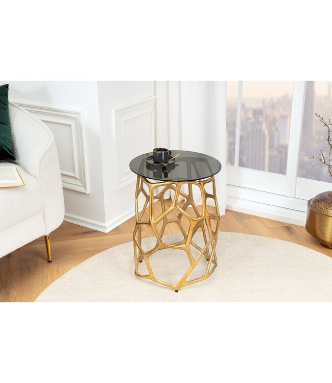 Invicta Interior Handgemaakte bijzettafel LIQUID GEOMETRY 50cm goud rond metaal zwart glas - 44857