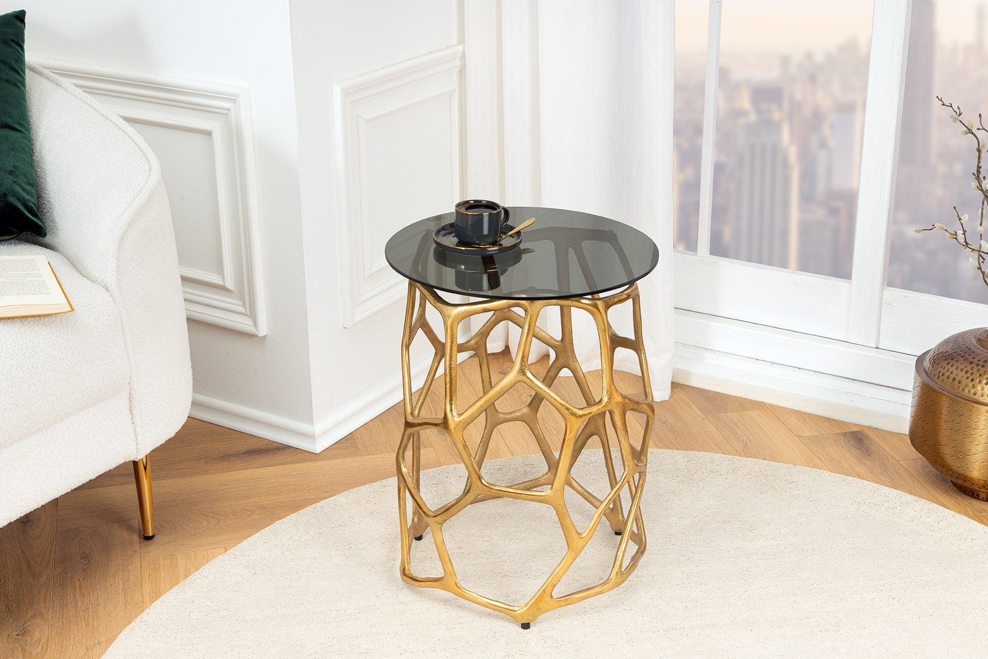 Handgemaakte bijzettafel LIQUID GEOMETRY 50cm goud rond metaal zwart glas - 44857