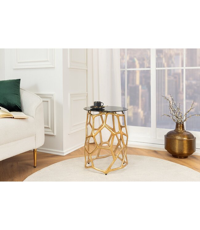 Invicta Interior Handgemaakte bijzettafel LIQUID GEOMETRY 50cm goud rond metaal zwart glas - 44857