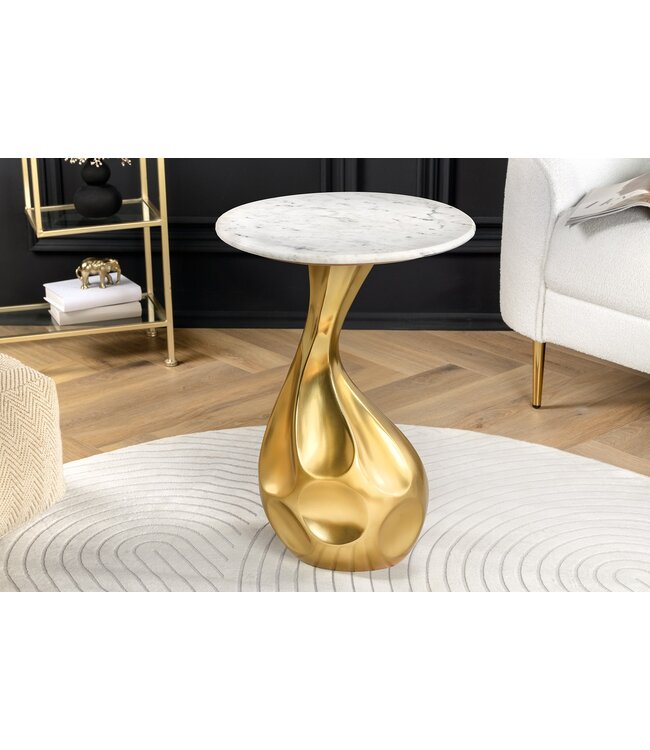 Invicta Interior Ronde bijzettafel TEAR 60cm goud wit met marmeren tafelblad handgemaakt - 44834