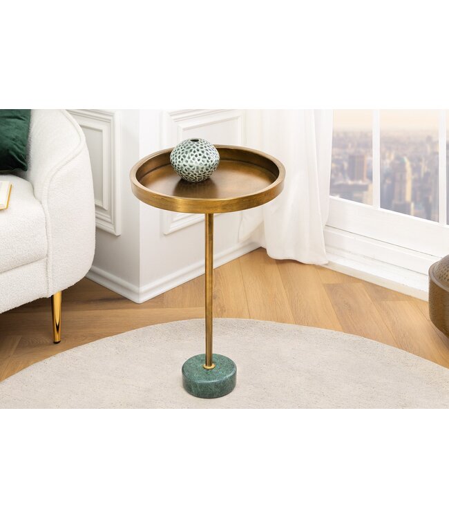 Invicta Interior Ronde Bijzettafel TRAYFUL 60cm Messing Antiek IJzer Groen Marmeren Voet Handgemaakt - 44848