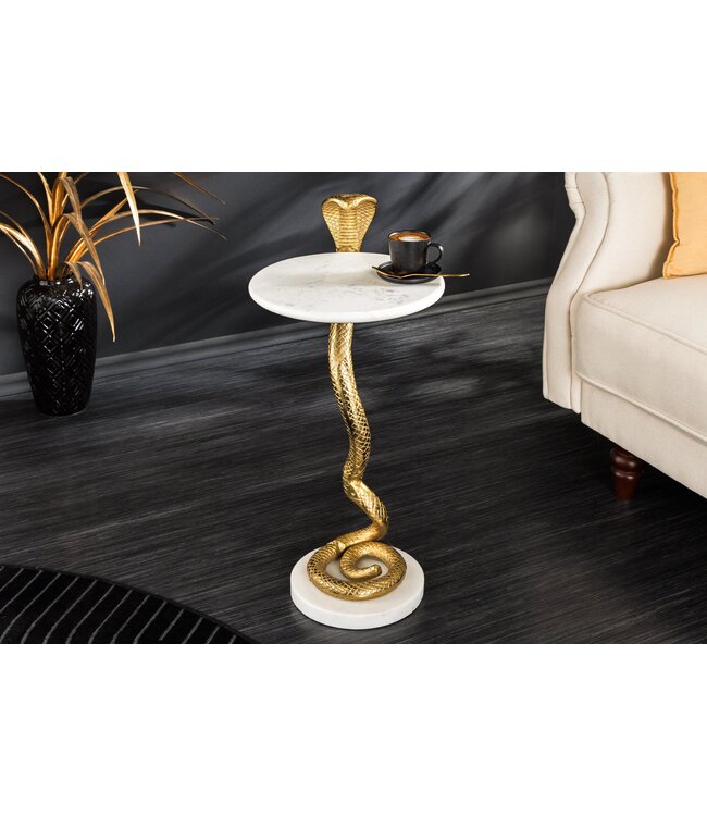 Invicta Interior Ronde bijzettafel WILDLIFE COBRA 65cm goud wit marmer slang sculptuur handgemaakt - 44830