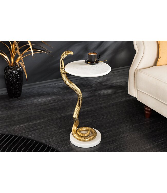 Invicta Interior Ronde bijzettafel WILDLIFE COBRA 65cm goud wit marmer slang sculptuur handgemaakt - 44830