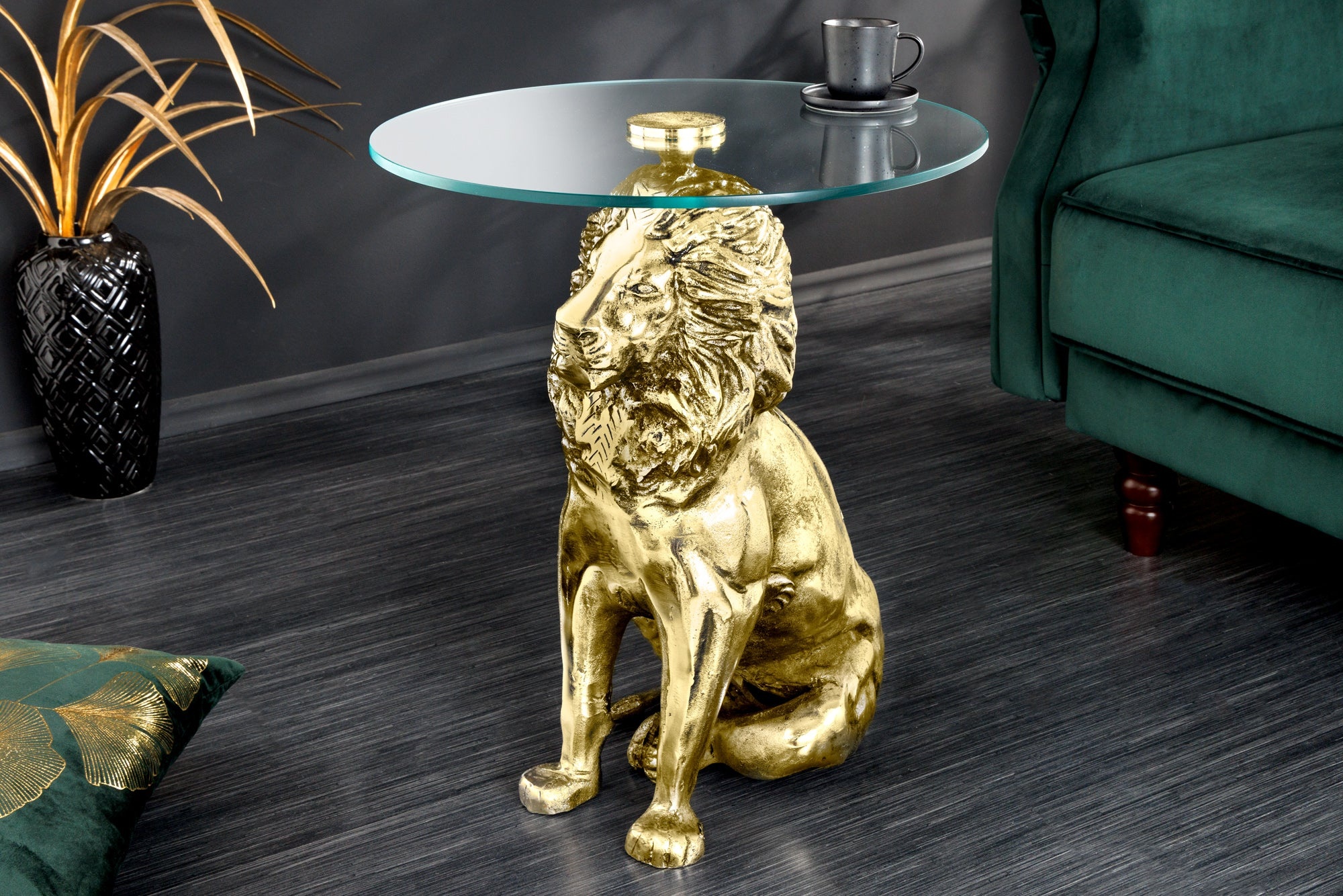 Ronde bijzettafel WILDLIFE LION 60cm Goud Antiek Metaal Glas Leeuw Sculptuur - 44827 afbeelding