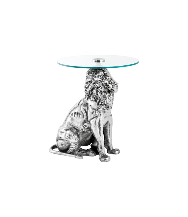 Invicta Interior Ronde bijzettafel WILDLIFE LION 60cm Zilver Antiek Metaal Glas Leeuw Sculptuur - 44826