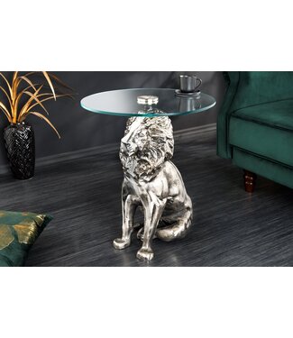 Invicta Interior Ronde bijzettafel WILDLIFE LION 60cm Zilver Antiek Metaal Glas Leeuw Sculptuur - 44826