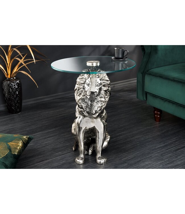 Invicta Interior Ronde bijzettafel WILDLIFE LION 60cm Zilver Antiek Metaal Glas Leeuw Sculptuur - 44826