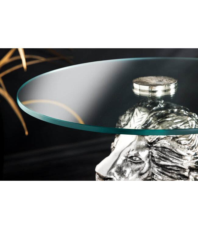 Invicta Interior Ronde bijzettafel WILDLIFE LION 60cm Zilver Antiek Metaal Glas Leeuw Sculptuur - 44826