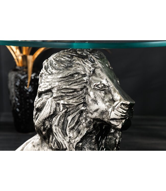 Invicta Interior Ronde bijzettafel WILDLIFE LION 60cm Zilver Antiek Metaal Glas Leeuw Sculptuur - 44826