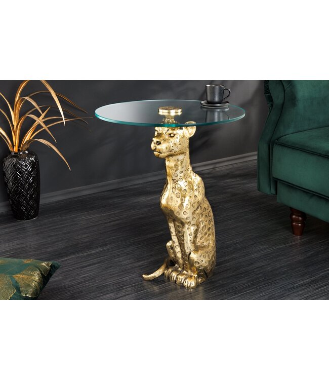 Invicta Interior Ronde bijzettafel WILDLIFE PANTHER 60cm goud antiek metalen glassculptuur handgemaakt - 44825