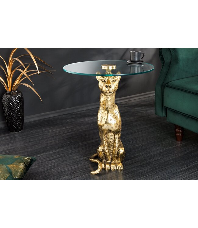 Invicta Interior Ronde bijzettafel WILDLIFE PANTHER 60cm goud antiek metalen glassculptuur handgemaakt - 44825