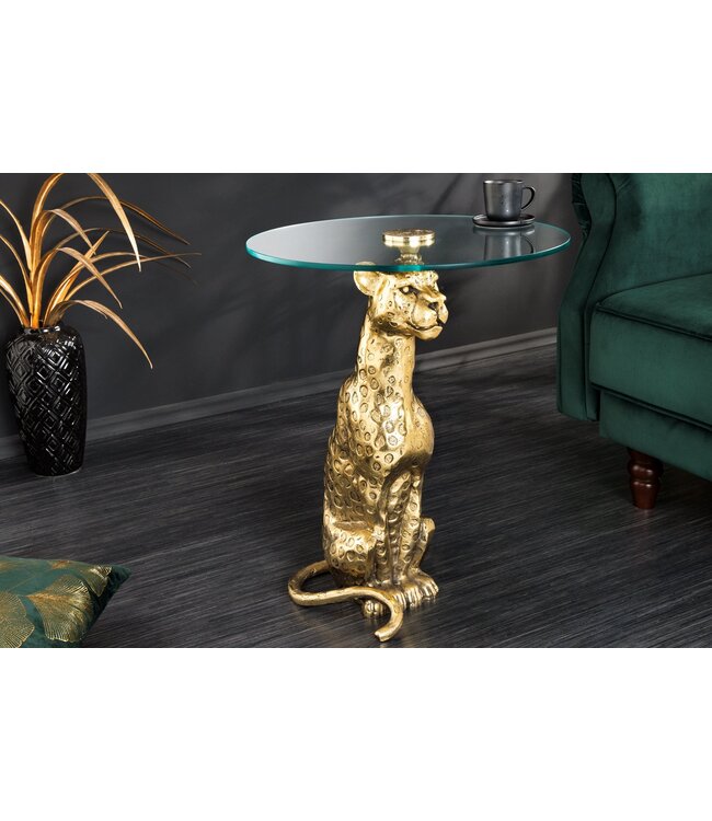 Invicta Interior Ronde bijzettafel WILDLIFE PANTHER 60cm goud antiek metalen glassculptuur handgemaakt - 44825