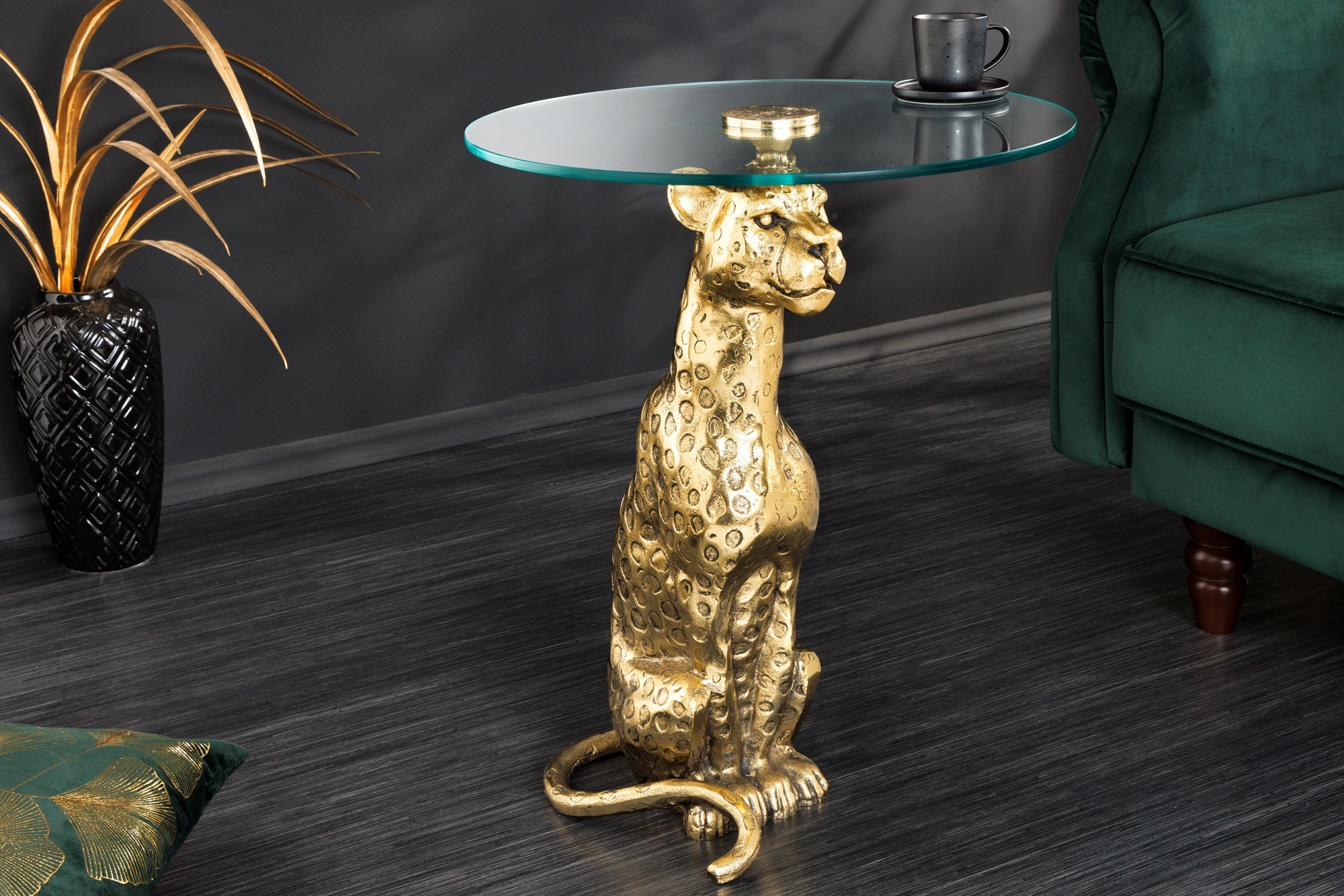 Ronde bijzettafel WILDLIFE PANTHER 60cm goud antiek metalen glassculptuur handgemaakt - 44825