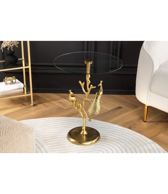 Invicta Interior Ronde bijzettafel WILDLIFE PEACOCK 60cm goud Metalen Peacock sculptuur met glazen blad - 44829
