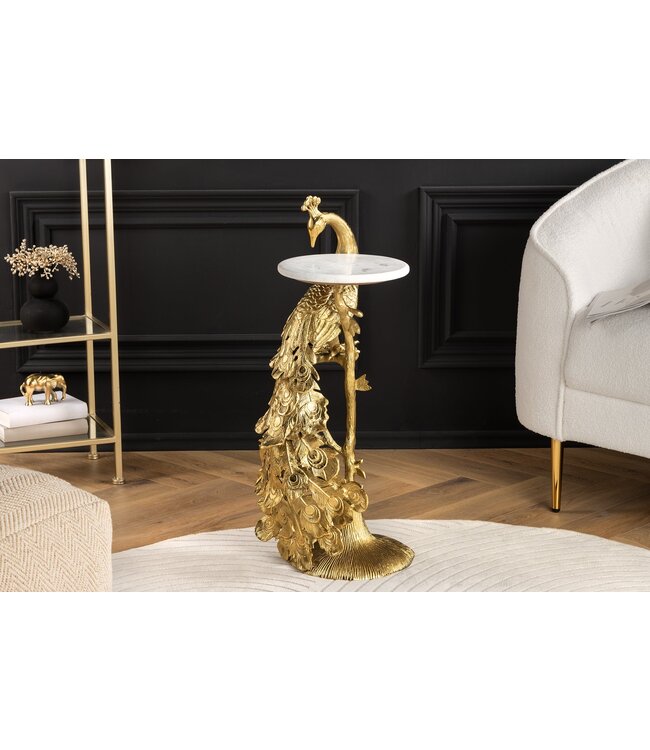 Invicta Interior Ronde bijzettafel WILDLIFE PEACOCK 75cm Goud Antiek Wit Metaal Marmeren Pauw Sculptuur - 44828