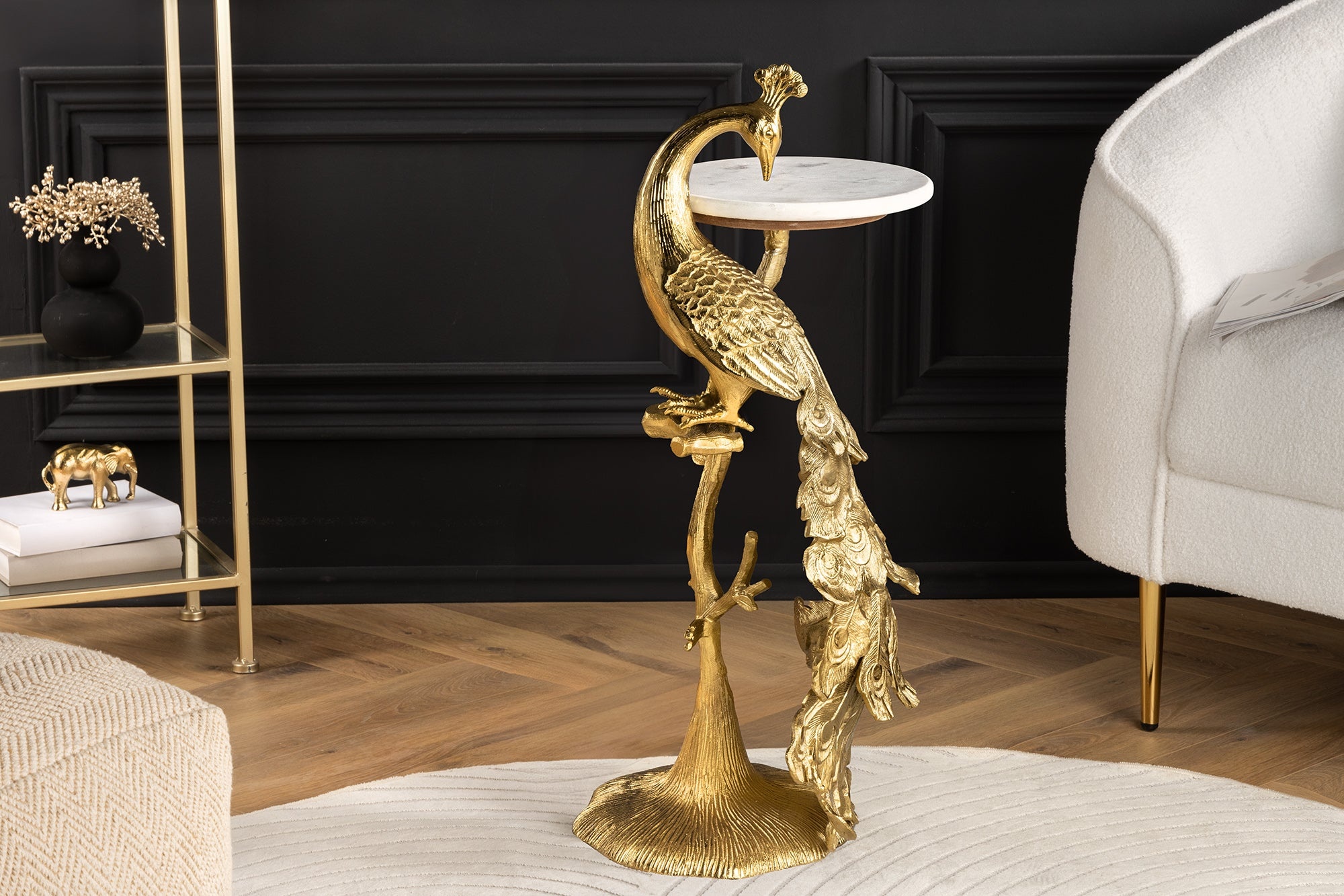 Ronde bijzettafel WILDLIFE PEACOCK 75cm Goud Antiek Wit Metaal Marmeren Pauw Sculptuur - 44828