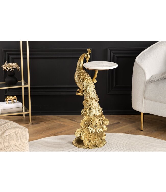 Invicta Interior Ronde bijzettafel WILDLIFE PEACOCK 75cm Goud Antiek Wit Metaal Marmeren Pauw Sculptuur - 44828