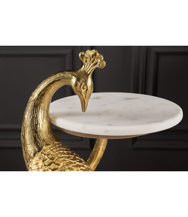 Invicta Interior Ronde bijzettafel WILDLIFE PEACOCK 75cm Goud Antiek Wit Metaal Marmeren Pauw Sculptuur - 44828