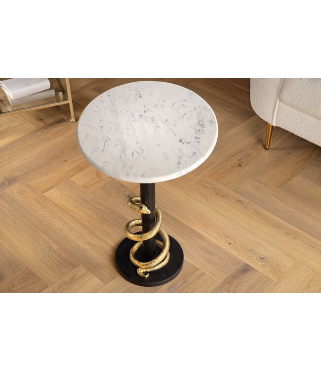 Invicta Interior Ronde bijzettafel WILDLIFE SNAKE 55cm Wit Marmer Goud Zwart Slang Sculptuur - 44831