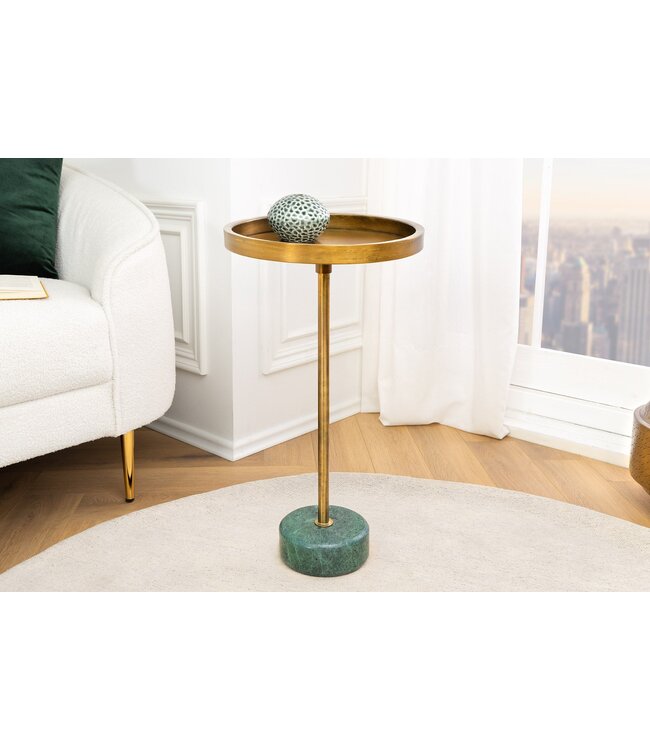 Invicta Interior Ronde Bijzettafel TRAYFUL 60cm Messing Antiek IJzer Groen Marmeren Voet Handgemaakt - 44848