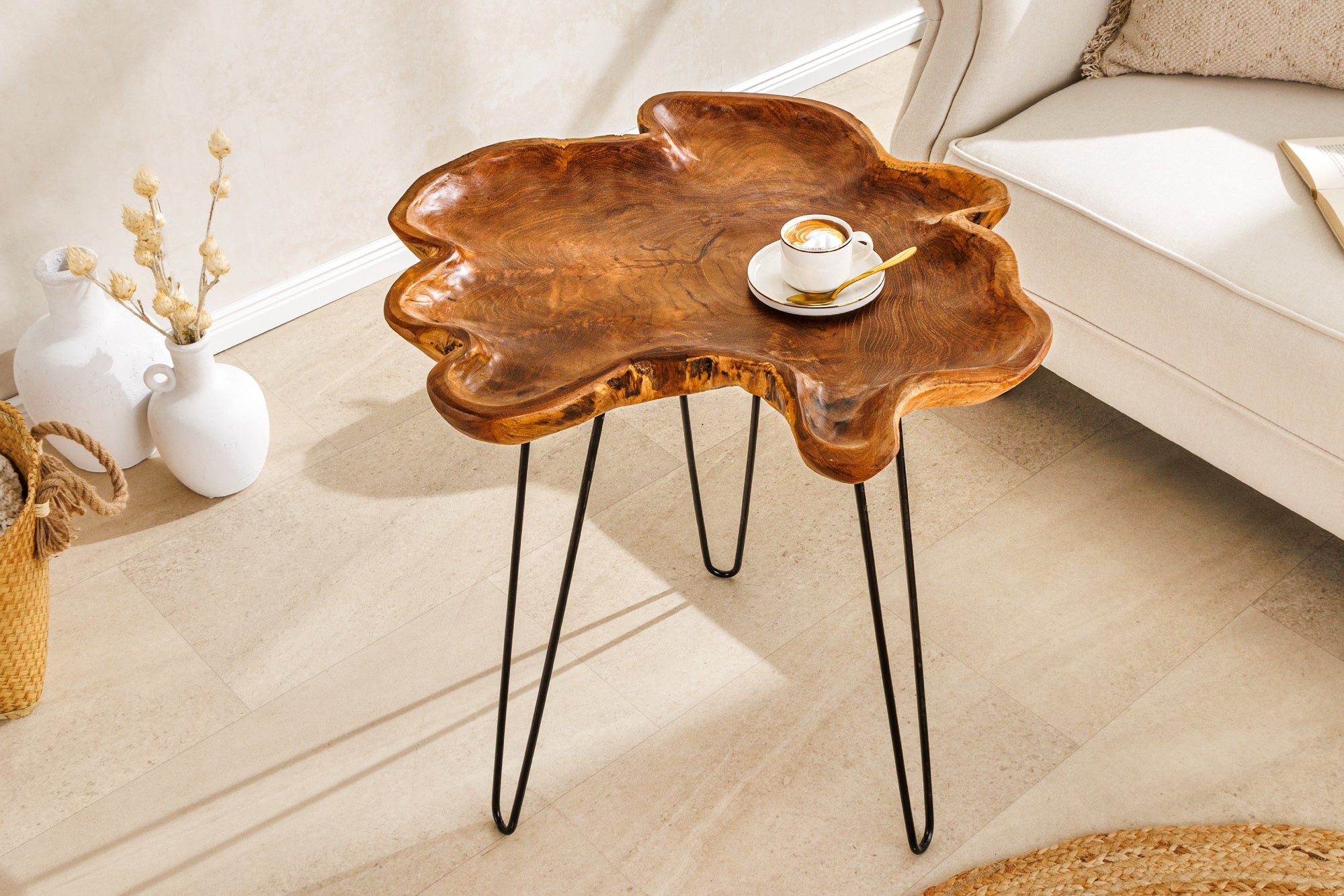 Unieke bijzettafel WILD 65cm natuurlijke teakhouten haarspeldpoten salontafel - 44708
