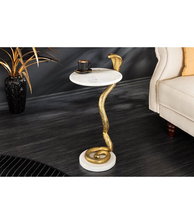 Invicta Interior Ronde bijzettafel WILDLIFE COBRA 65cm goud wit marmer slang sculptuur handgemaakt - 44830
