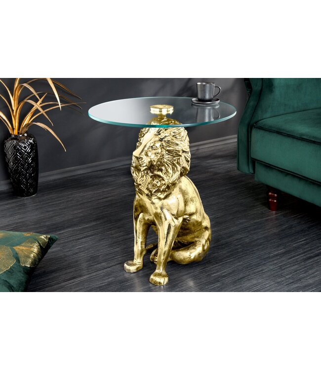 Invicta Interior Ronde bijzettafel WILDLIFE LION 60cm Goud Antiek Metaal Glas Leeuw Sculptuur - 44827