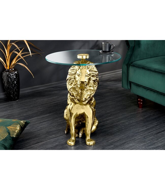 Invicta Interior Ronde bijzettafel WILDLIFE LION 60cm Goud Antiek Metaal Glas Leeuw Sculptuur - 44827
