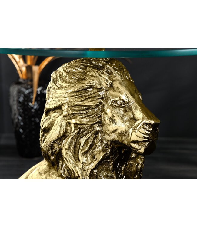 Invicta Interior Ronde bijzettafel WILDLIFE LION 60cm Goud Antiek Metaal Glas Leeuw Sculptuur - 44827