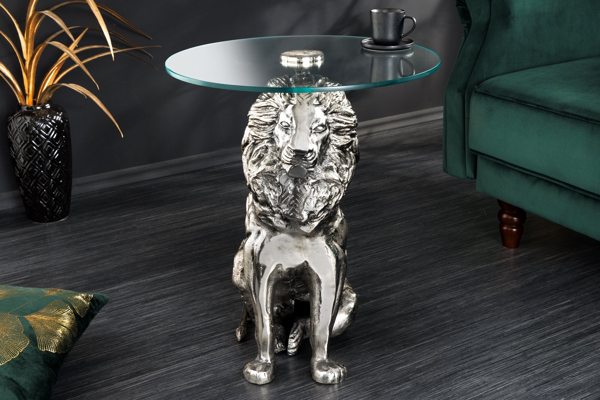 Ronde bijzettafel WILDLIFE LION 60cm Zilver Antiek Metaal Glas Leeuw Sculptuur - 44826