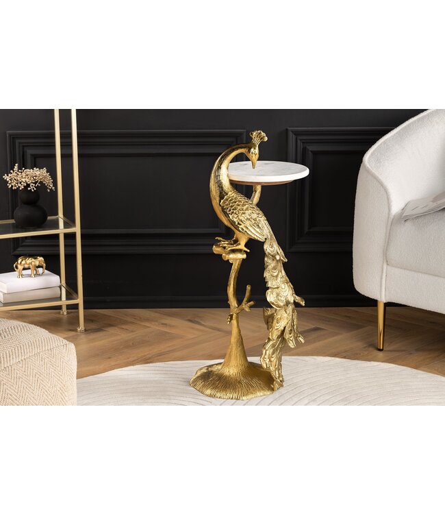 Invicta Interior Ronde bijzettafel WILDLIFE PEACOCK 75cm Goud Antiek Wit Metaal Marmeren Pauw Sculptuur - 44828