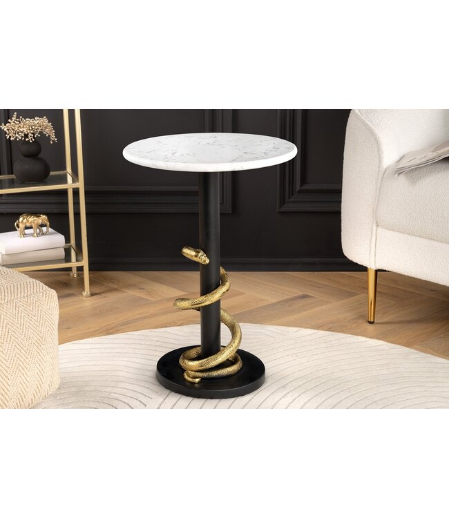 Invicta Interior Ronde bijzettafel WILDLIFE SNAKE 55cm Wit Marmer Goud Zwart Slang Sculptuur - 44831