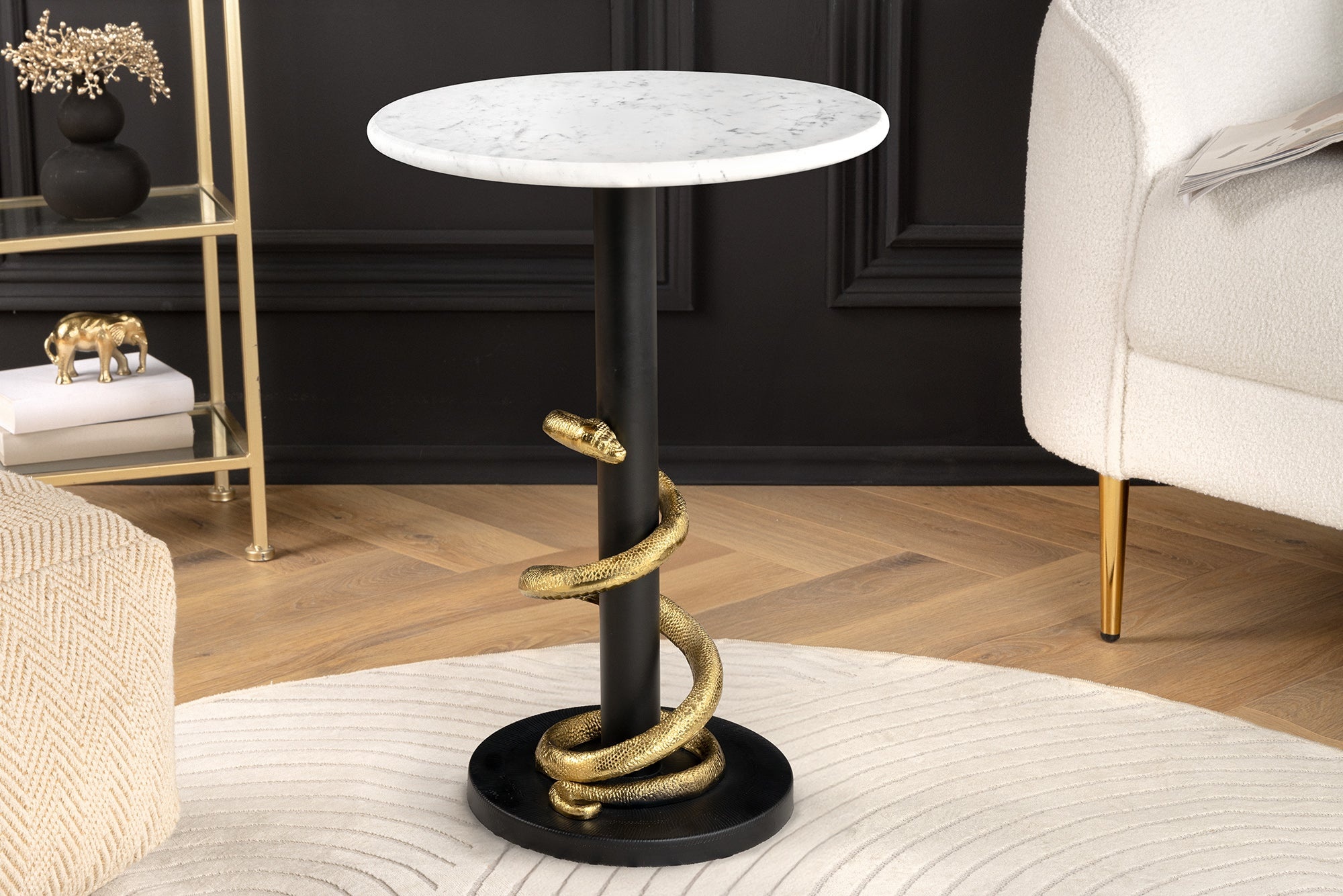 Ronde bijzettafel WILDLIFE SNAKE 55cm Wit Marmer Goud Zwart Slang Sculptuur - 44831