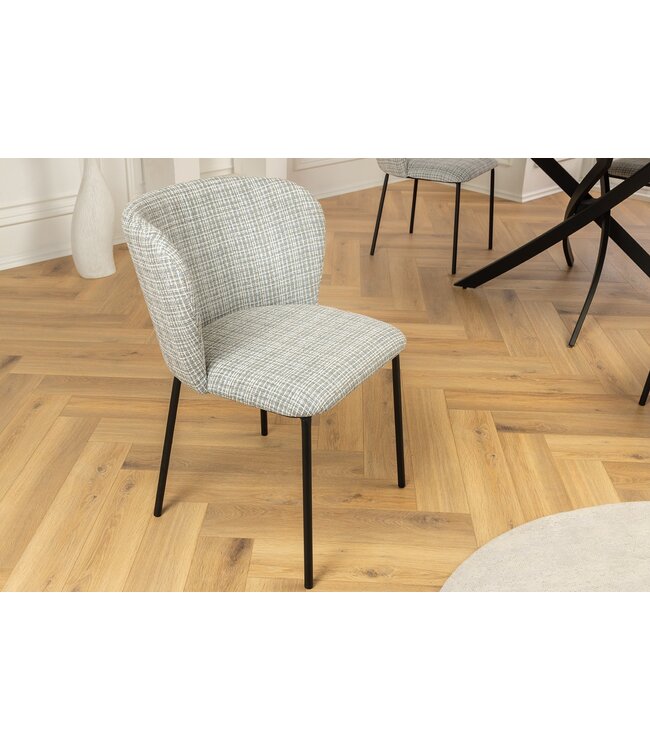 Invicta Interior Design Stoel LYON Blauw Geruite Bouclé Zwart Metalen Poten - 44959