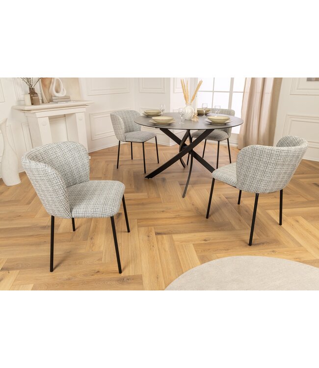 Invicta Interior Design Stoel LYON Blauw Geruite Bouclé Zwart Metalen Poten - 44959