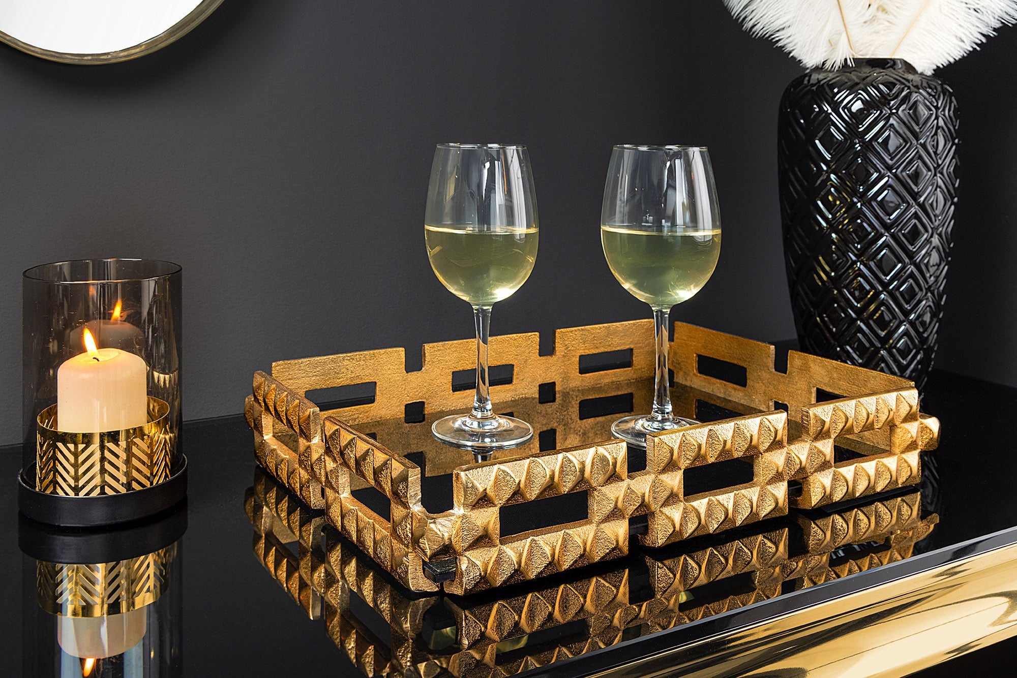 Handgemaakt dienblad VARIATION 40cm zwart goud metaal aluminium glas - 44880 afbeelding