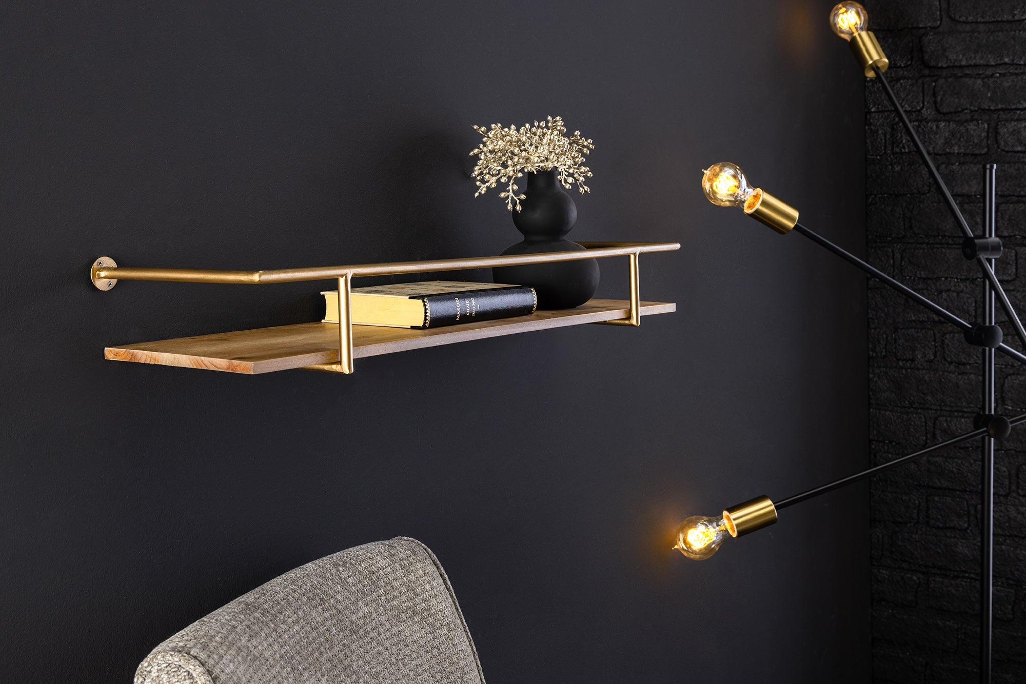 Massieve wandplank HERITAGE 75 cm naturel grenenhout goud metaal - 44478 afbeelding