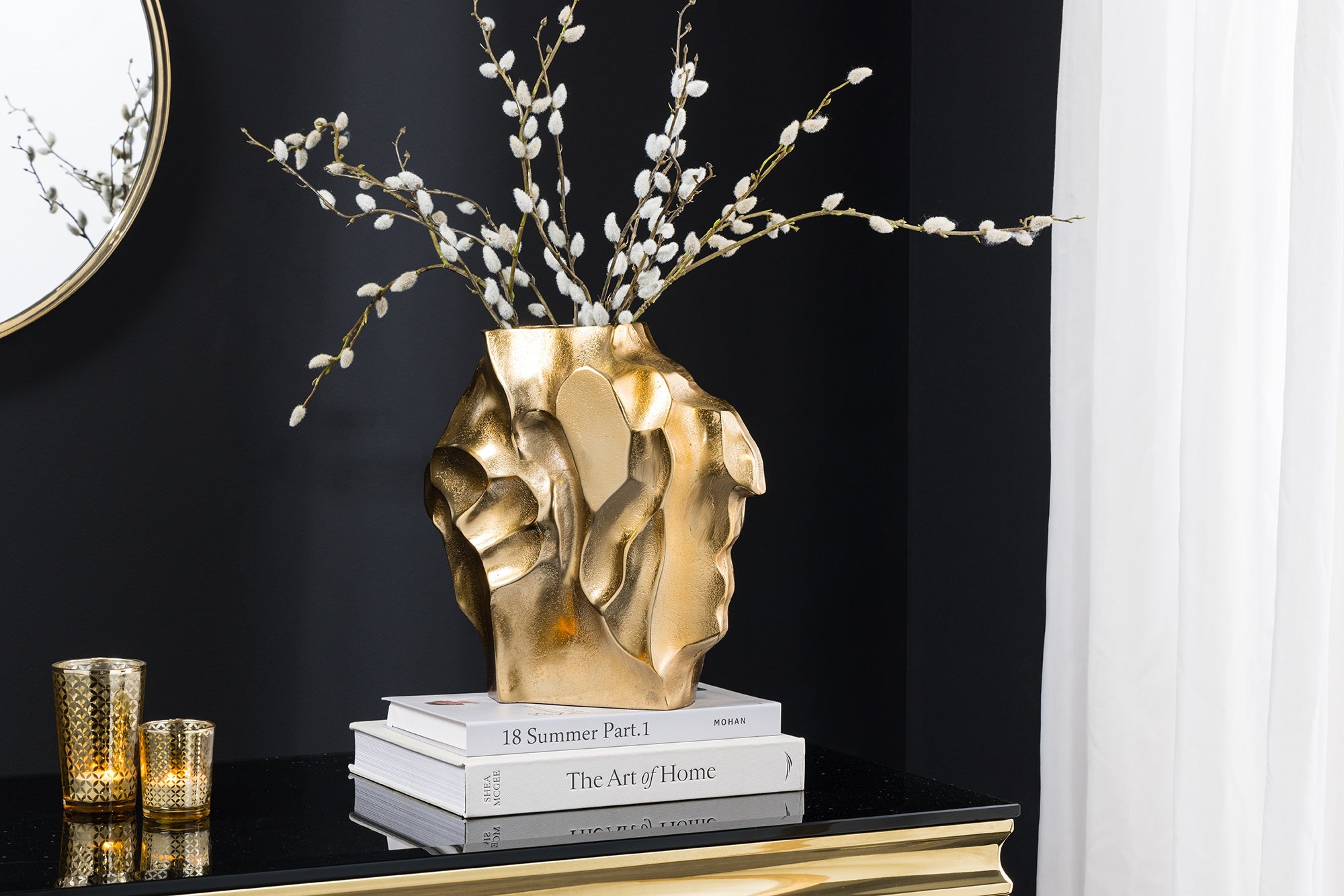 Handgemaakte vaas LIQUID 25cm goud metaal gehamerd design - 44878 afbeelding