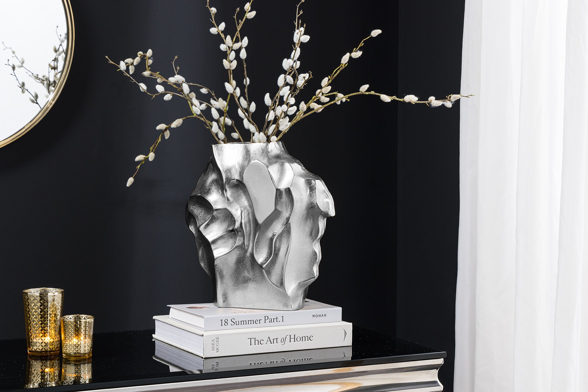 Handgemaakte vaas LIQUID 25cm zilver metaal gehamerd design - 44879 afbeelding