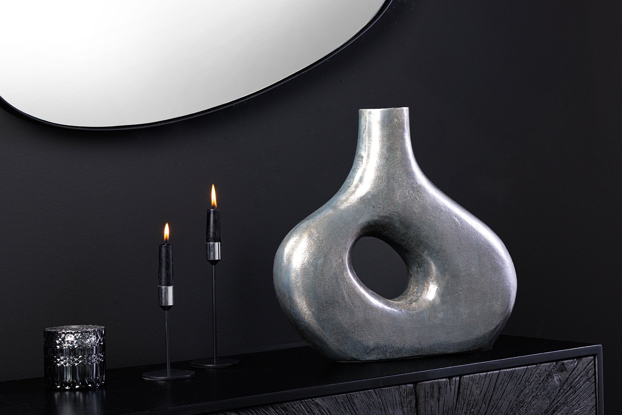Handgemaakte vaas RING 30cm donkergrijs metalen decoratie bloemenvaas - 44864 afbeelding