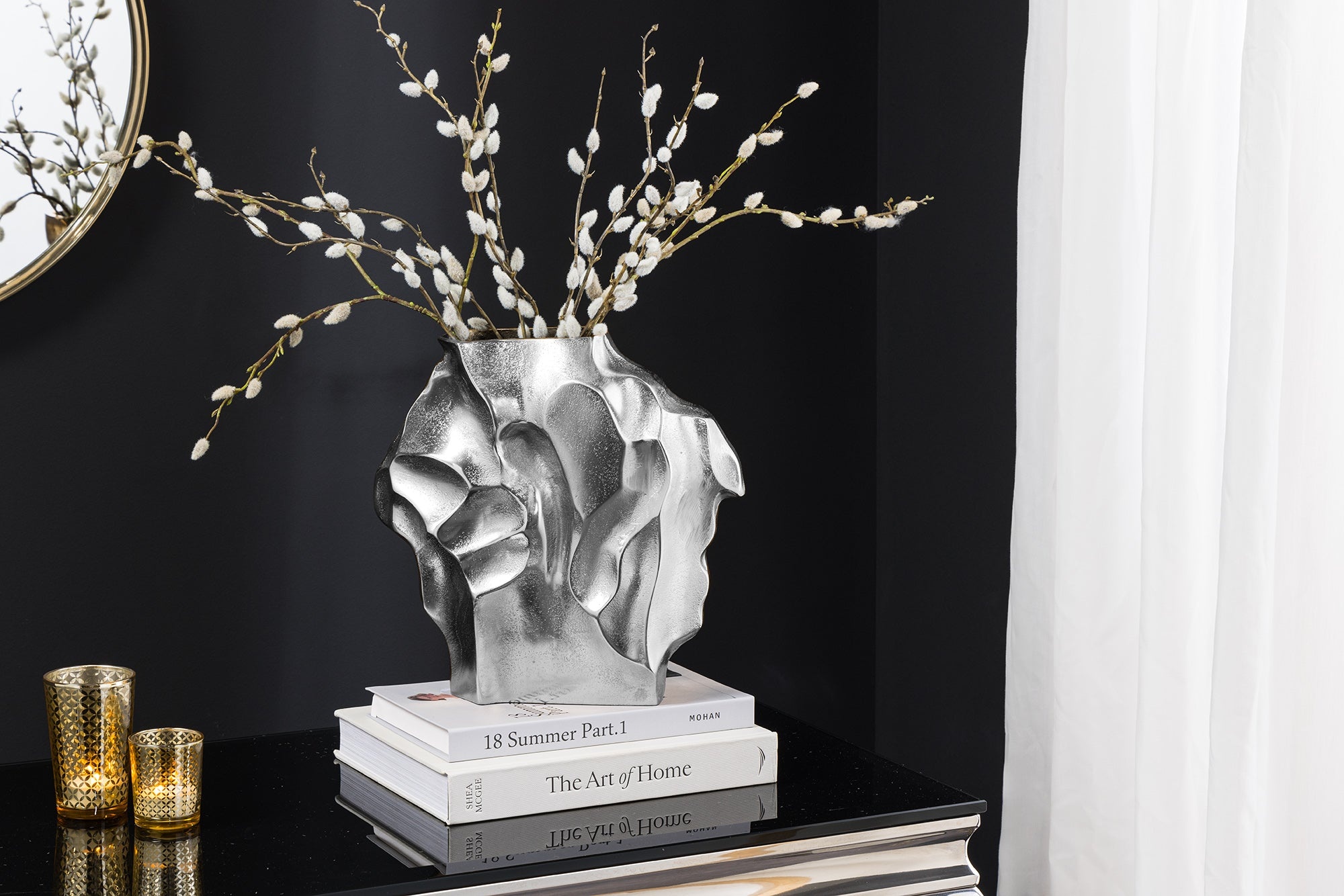Handgemaakte vaas LIQUID 30cm zilver metaal gehamerd design - 44877 afbeelding
